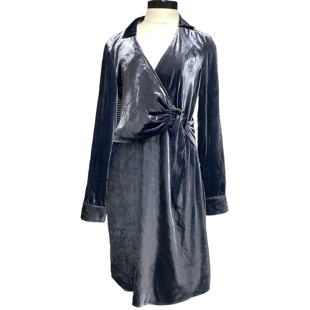 MAEVE ANTHROPOLOGIE Slate Blue Velvet Faux Wrap Long Sleeve Dress Size 8